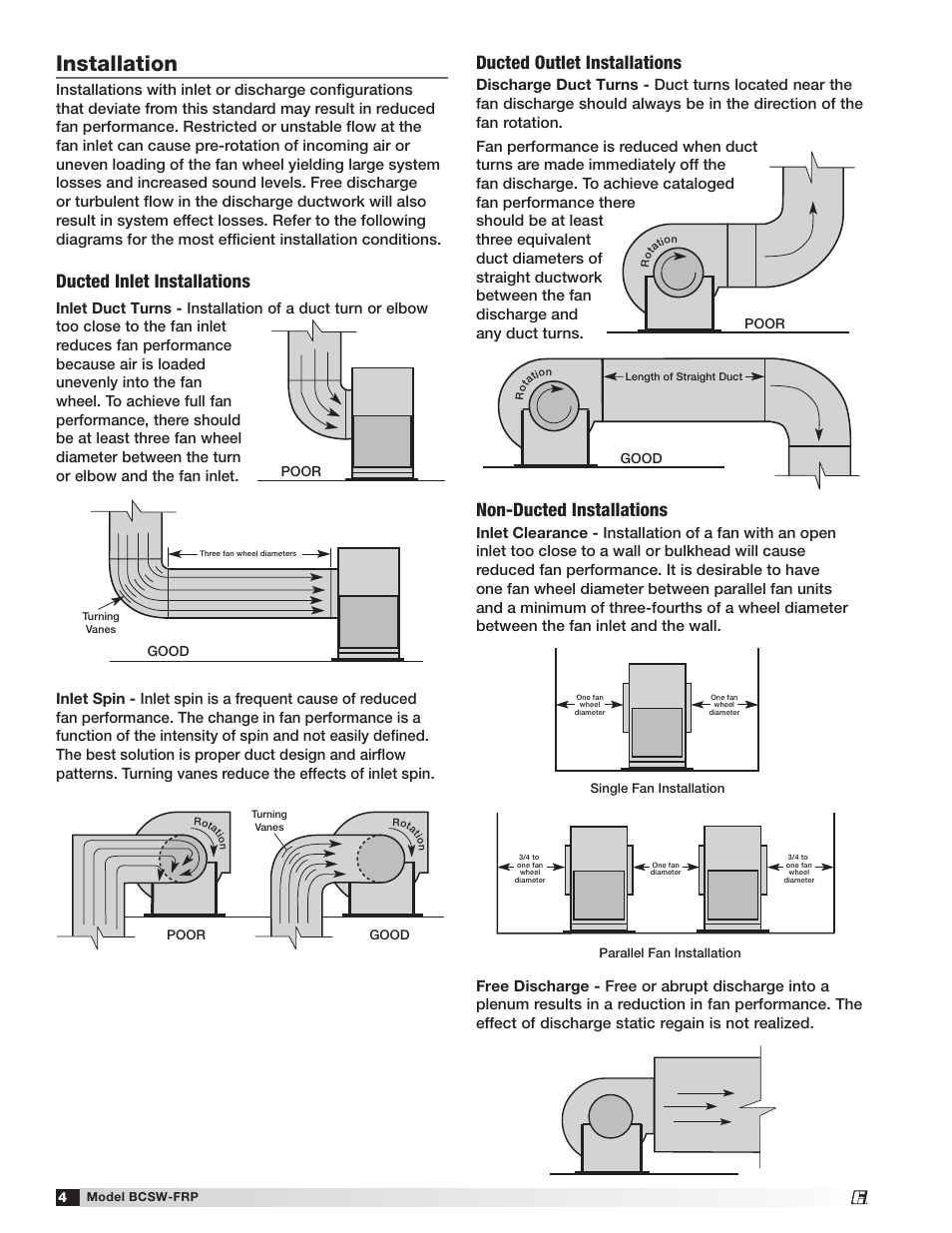 Installation, Ducted outlet installations, Ducted inlet installations | Non-ducted installations, Poor, Poor good poor good, Good | Greenheck Fan Fiberglass Centrifugal Fan 474051 User Manual | Page 4 / 12