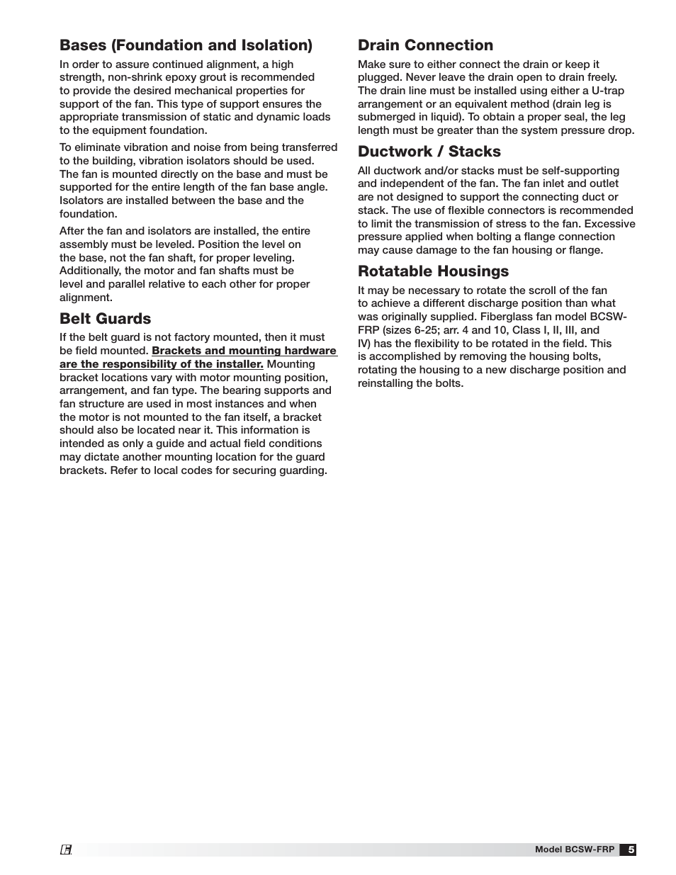 Bases (foundation and isolation), Belt guards, Drain connection | Ductwork / stacks, Rotatable housings | Greenheck Fan Fiberglass Centrifugal Fan 474051 User Manual | Page 5 / 12