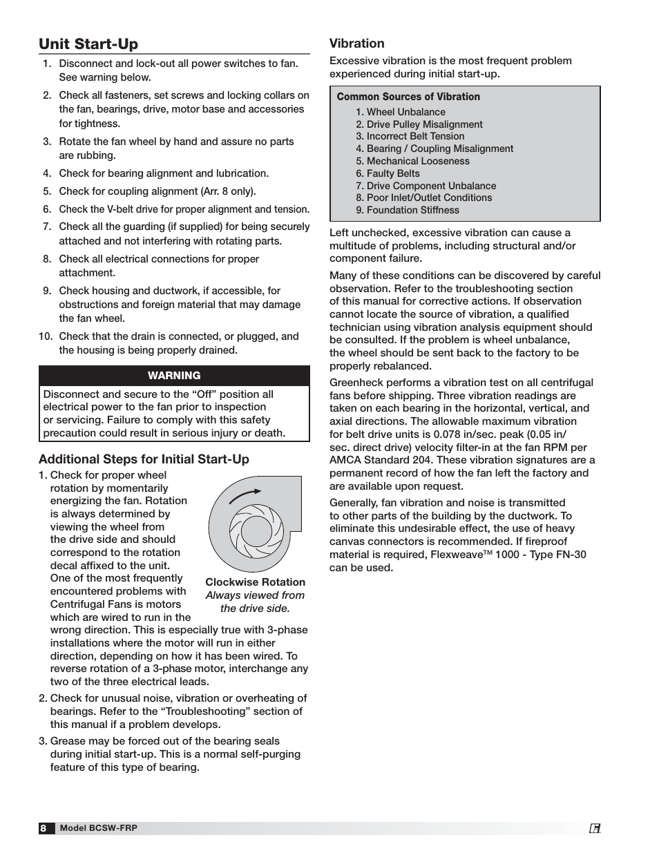 Unit start-up | Greenheck Fan Fiberglass Centrifugal Fan 474051 User Manual | Page 8 / 12
