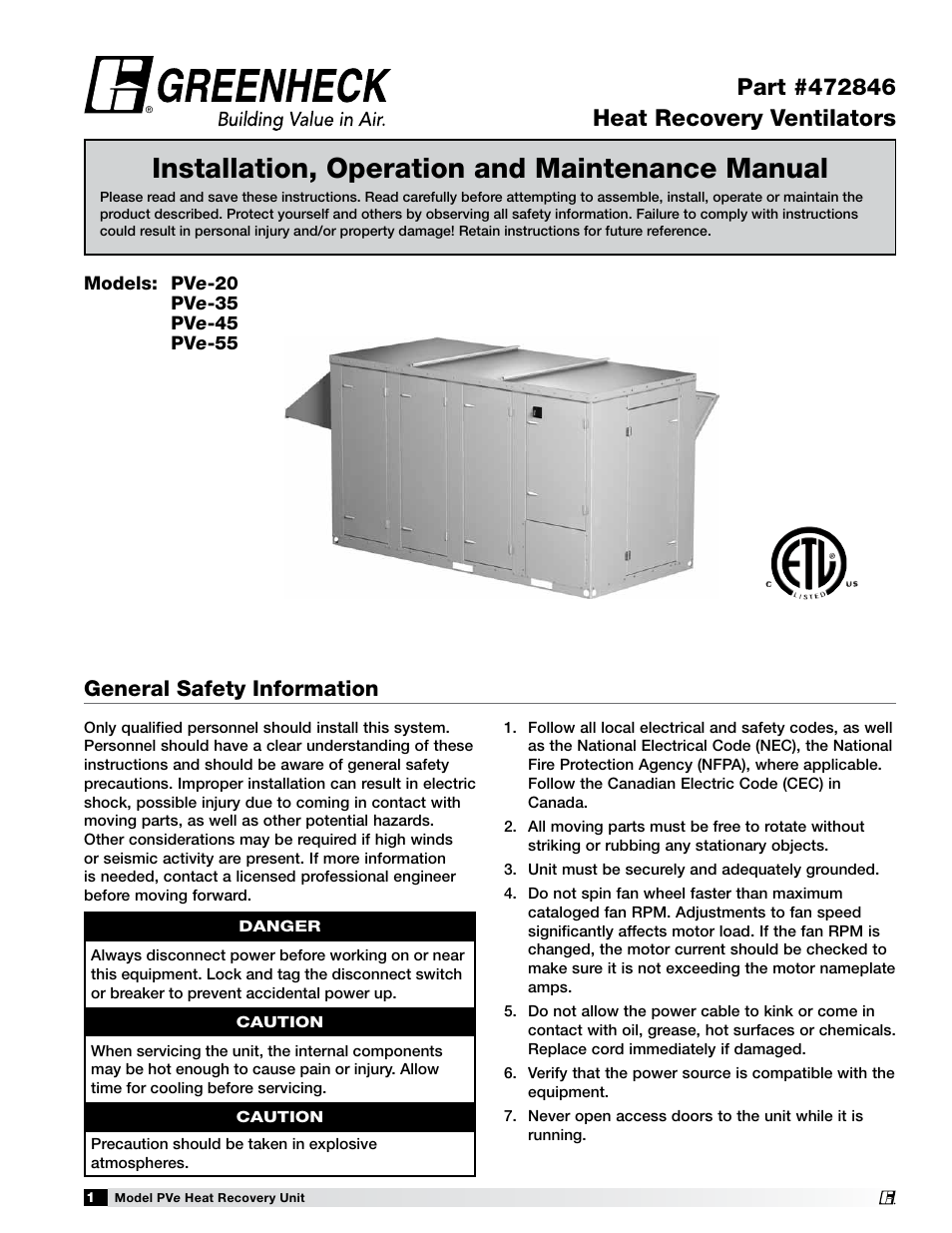 Greenheck Fan PVE-35 User Manual | 32 pages