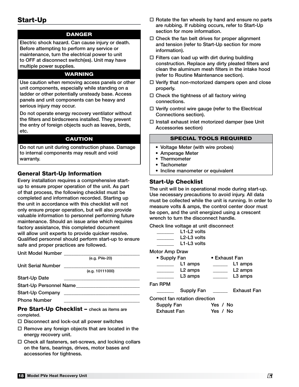 Start-up | Greenheck Fan PVE-35 User Manual | Page 18 / 32