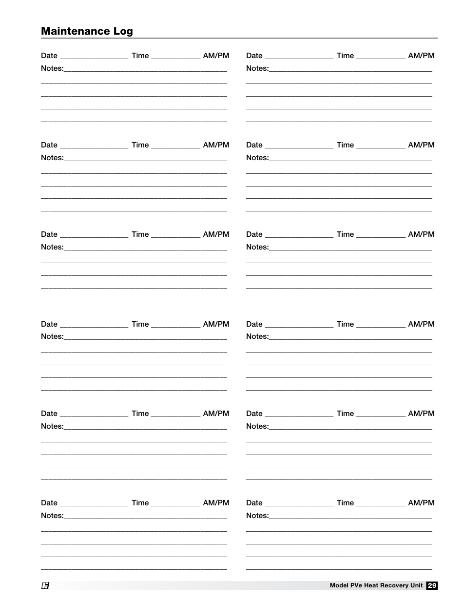 Maintenance log | Greenheck Fan PVE-35 User Manual | Page 29 / 32