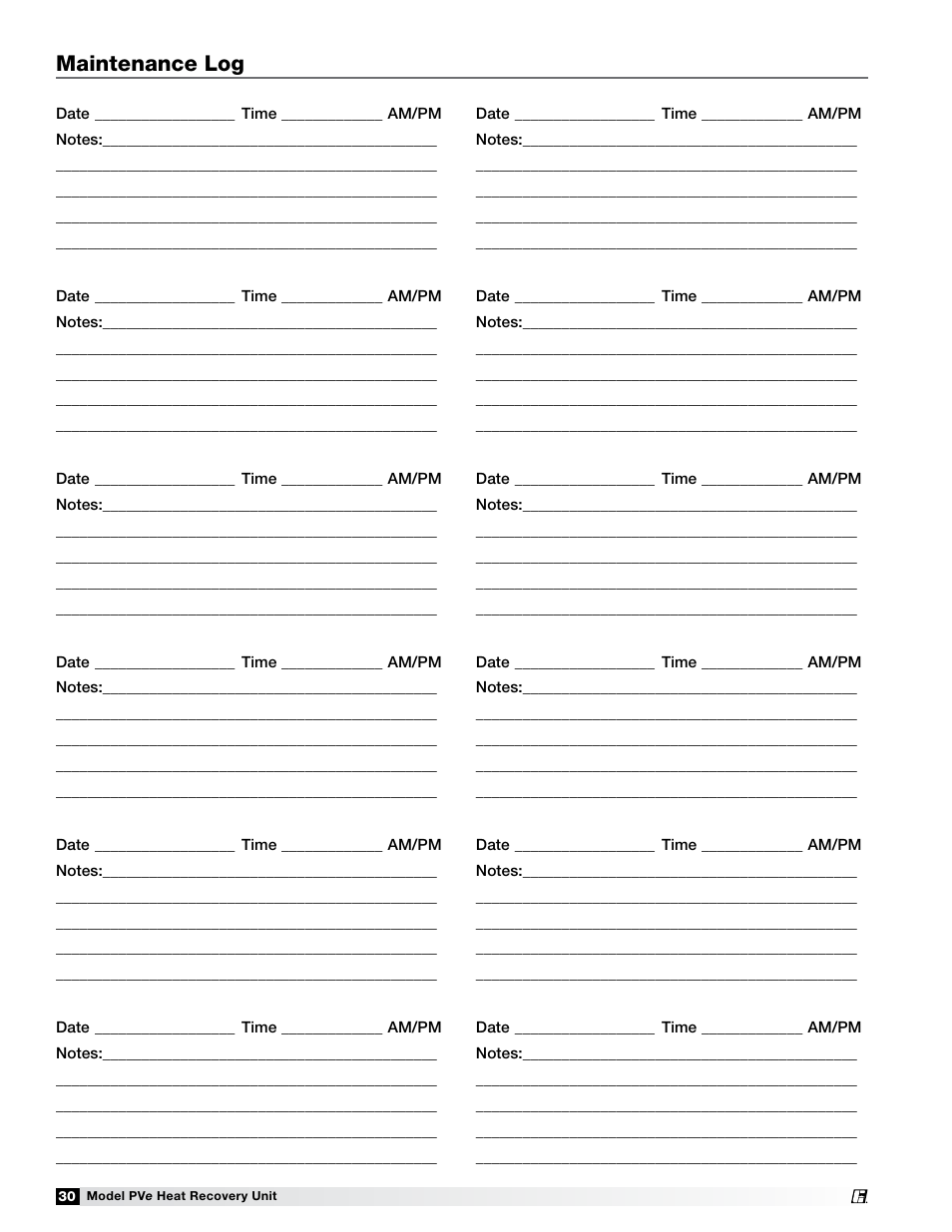 Maintenance log | Greenheck Fan PVE-35 User Manual | Page 30 / 32