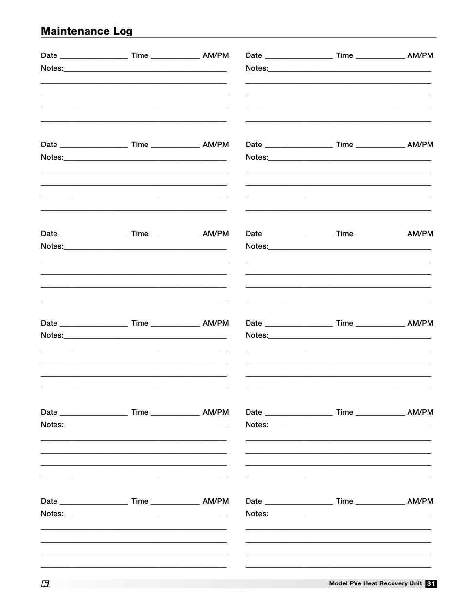 Maintenance log | Greenheck Fan PVE-35 User Manual | Page 31 / 32