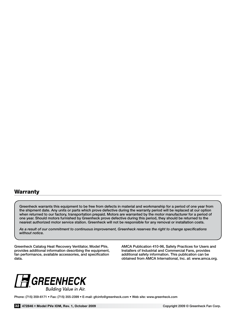 Warranty | Greenheck Fan PVE-35 User Manual | Page 32 / 32