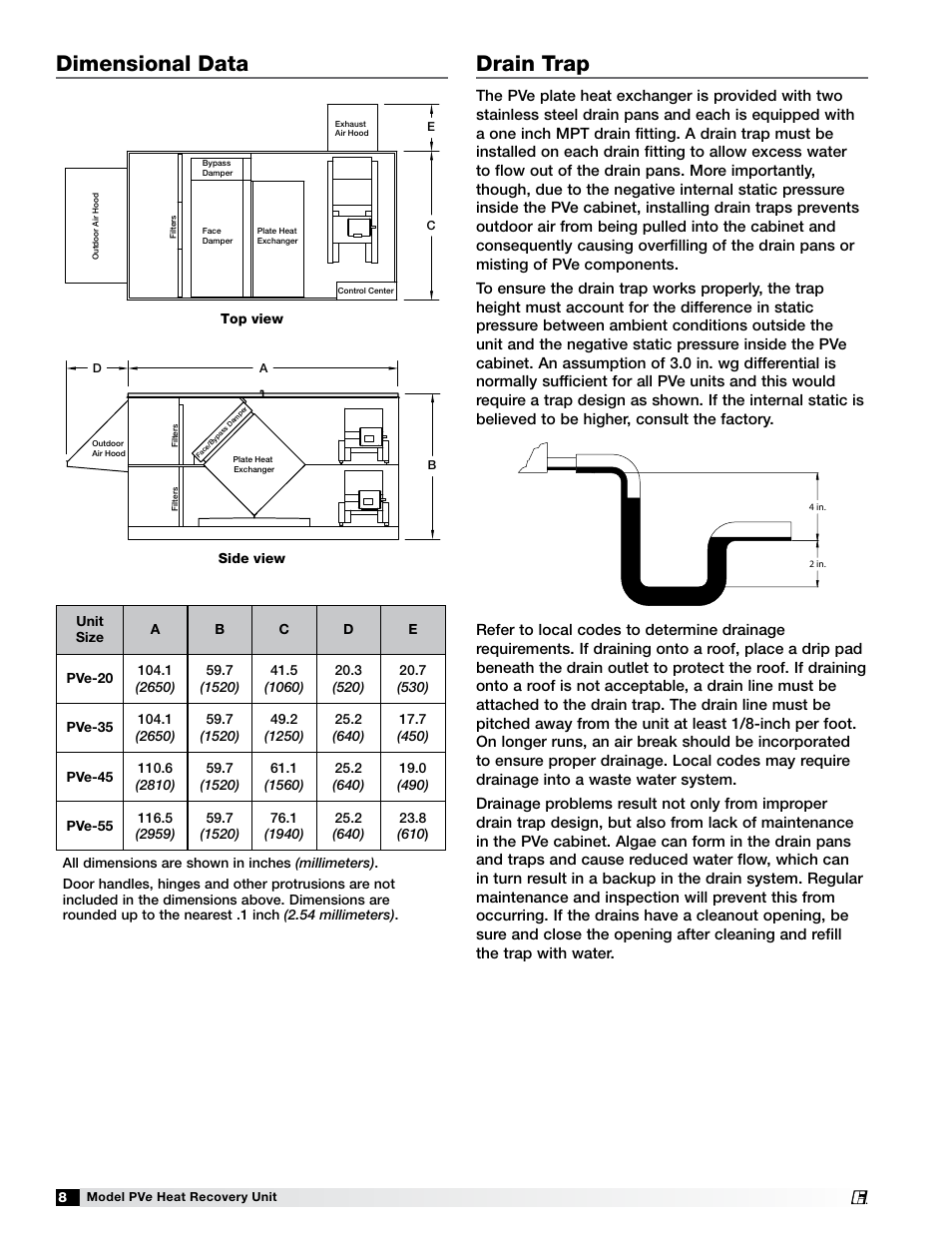Dimensional data drain trap, Bc a d d | Greenheck Fan PVE-35 User Manual | Page 8 / 32