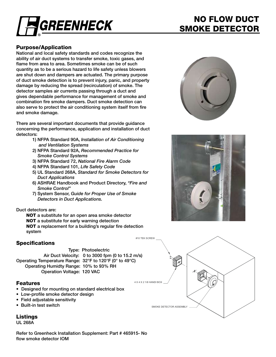 Greenheck Fan No Flow Duct Smoke Detector User Manual | 4 pages