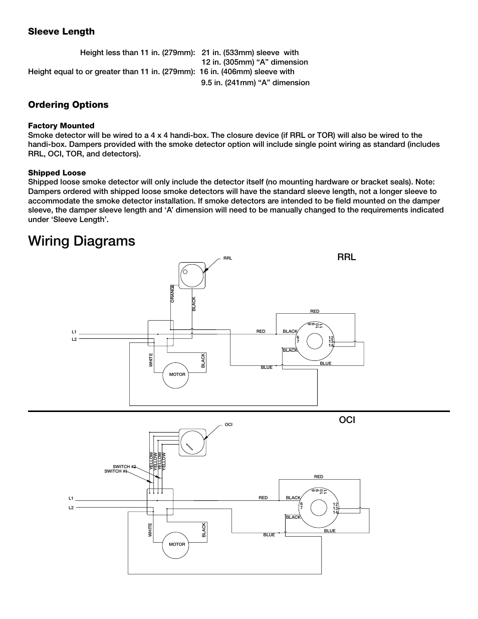 Wiring diagrams, Sleeve length, Ordering options | Rrl oci | Greenheck Fan No Flow Duct Smoke Detector User Manual | Page 2 / 4