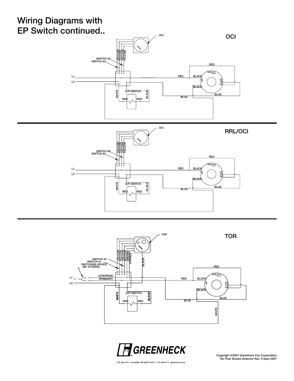 Wiring diagrams with ep switch continued, Oci rrl/oci tor | Greenheck Fan No Flow Duct Smoke Detector User Manual | Page 4 / 4