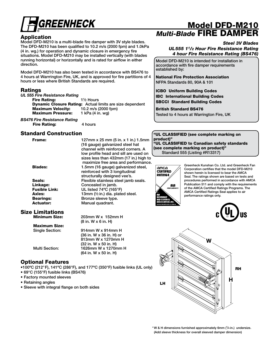 Greenheck Fan Multi-blade Fire Damper DFD-M210 User Manual | 6 pages