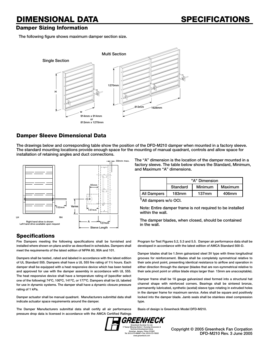 Greenheck, Dimensional data specifications, Damper sizing information | Damper sleeve dimensional data, Specifications | Greenheck Fan Multi-blade Fire Damper DFD-M210 User Manual | Page 6 / 6