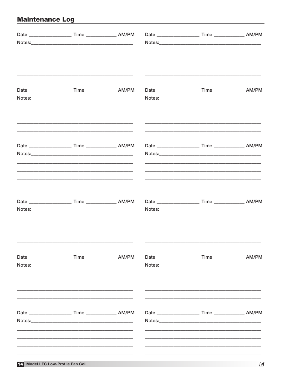 Maintenance log | Greenheck Fan Low-Profile Fan Coil LFC User Manual | Page 14 / 16