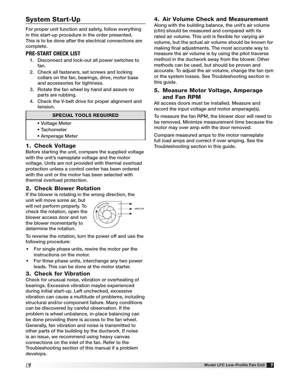 System start-up, Pre-start check list, Check voltage | Check blower rotation, Check for vibration, Air volume check and measurement, Measure motor voltage, amperage and fan rpm | Greenheck Fan Low-Profile Fan Coil LFC User Manual | Page 7 / 16