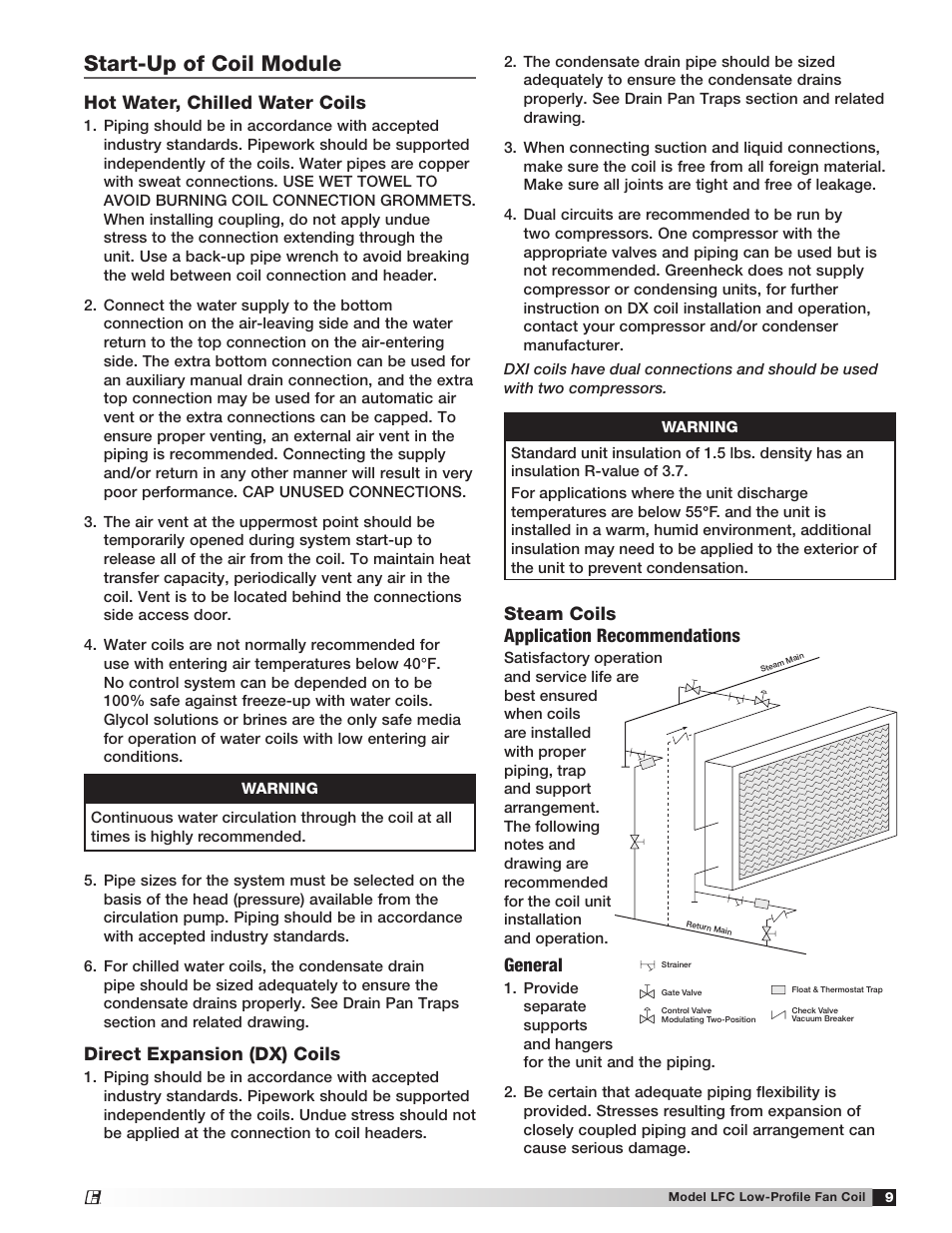 Start-up of coil module, Hot water, chilled water coils, Direct expansion (dx) coils | Steam coils application recommendations, General | Greenheck Fan Low-Profile Fan Coil LFC User Manual | Page 9 / 16