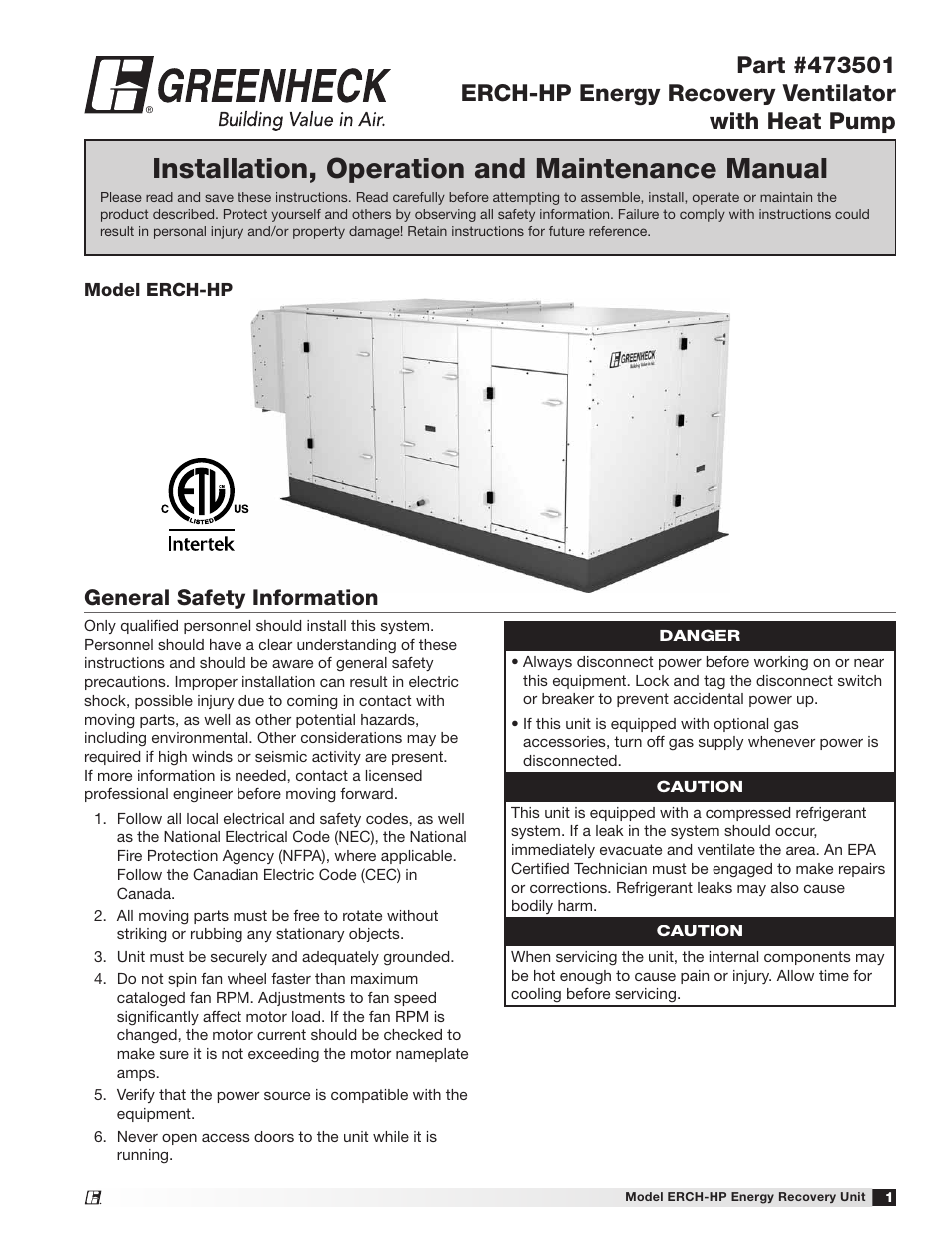 Greenheck Fan Energy Recovery Ventilator with Heat Pump 473501 User Manual | 40 pages