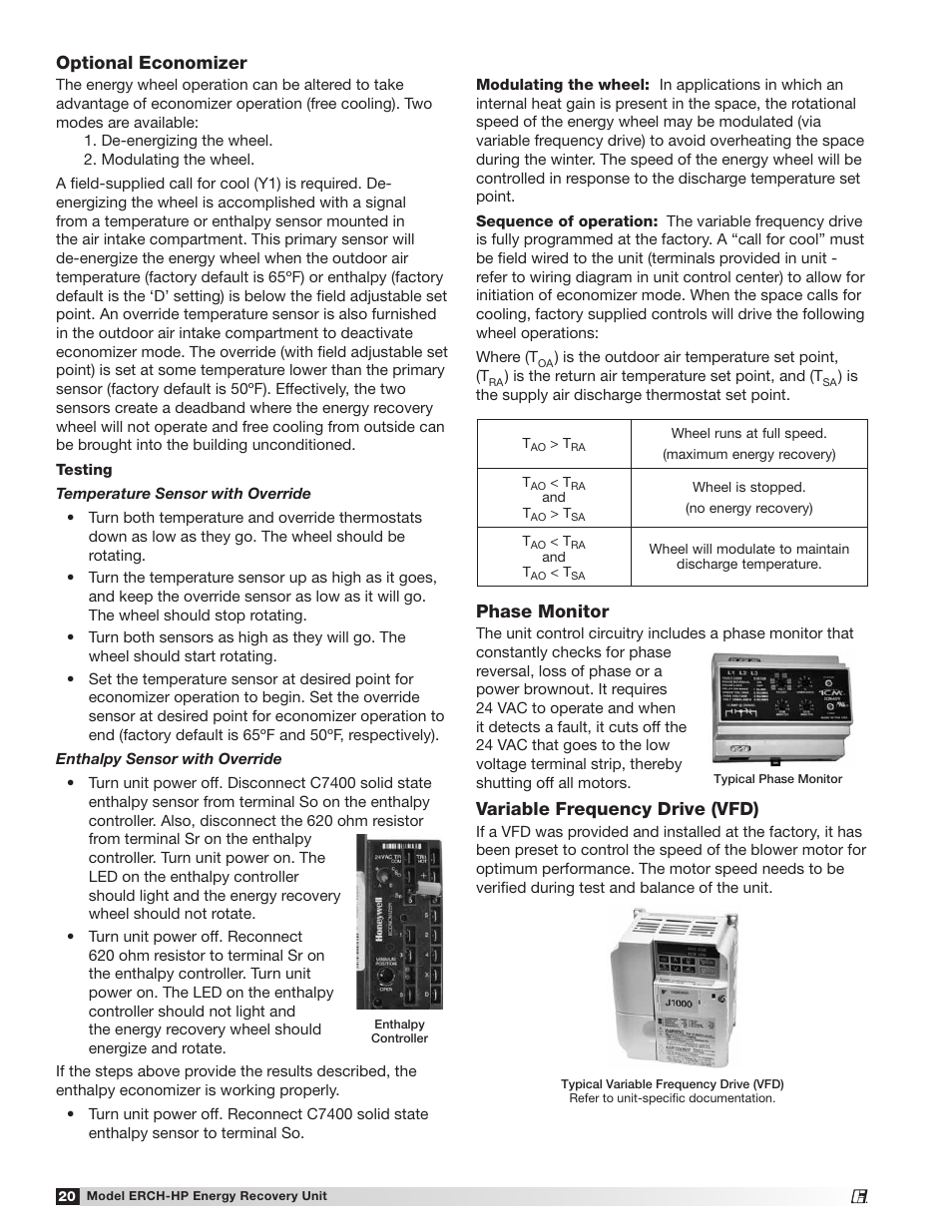 Optional economizer, Phase monitor, Variable frequency drive (vfd) | Greenheck Fan Energy Recovery Ventilator with Heat Pump 473501 User Manual | Page 20 / 40
