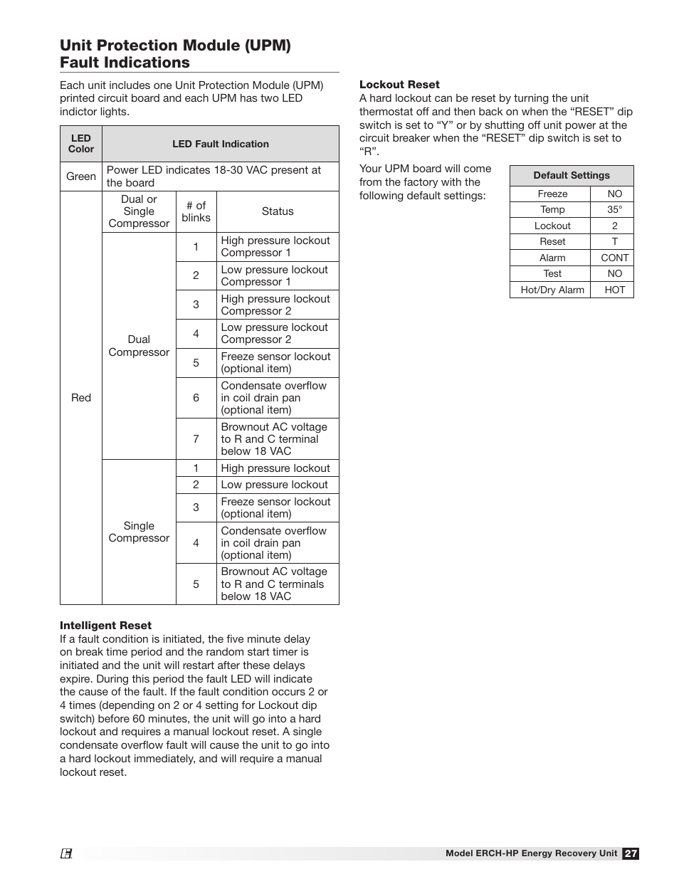 Unit protection module (upm) fault indications | Greenheck Fan Energy Recovery Ventilator with Heat Pump 473501 User Manual | Page 27 / 40