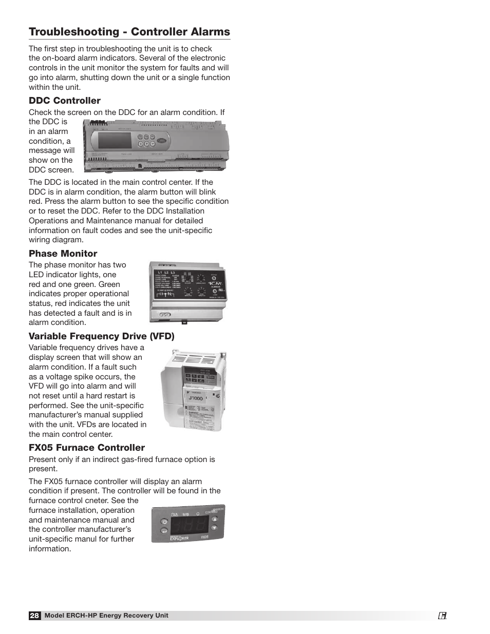 Troubleshooting - controller alarms | Greenheck Fan Energy Recovery Ventilator with Heat Pump 473501 User Manual | Page 28 / 40