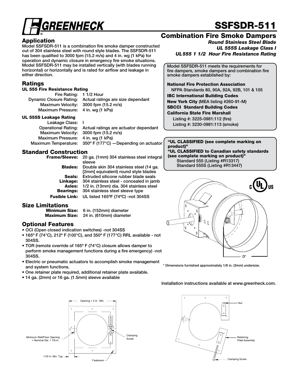 Greenheck Fan Combination Fire Smoke Dampers SSFSDR-511 User Manual | 2 pages