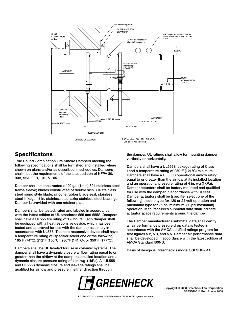 Specificatons | Greenheck Fan Combination Fire Smoke Dampers SSFSDR-511 User Manual | Page 2 / 2
