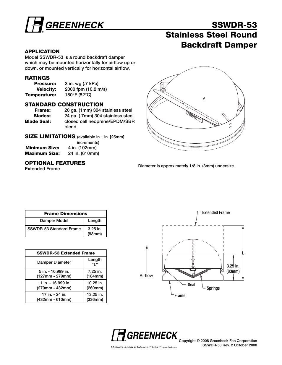 Greenheck Fan Stainless Steel Round Backdraft Damper SSWDR-53 User Manual | 1 page