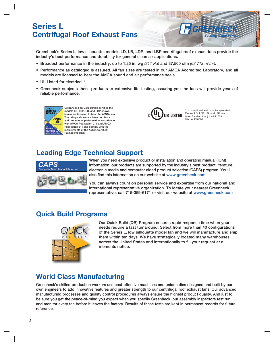 Series l, Centrifugal roof exhaust fans, World class manufacturing | Quick build programs, Leading edge technical support | Greenheck Fan Series L User Manual | Page 2 / 24