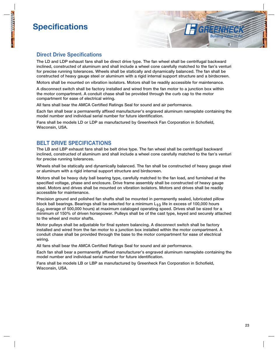 Specifications, Direct drive specifications, Belt drive specifications | Greenheck Fan Series L User Manual | Page 23 / 24