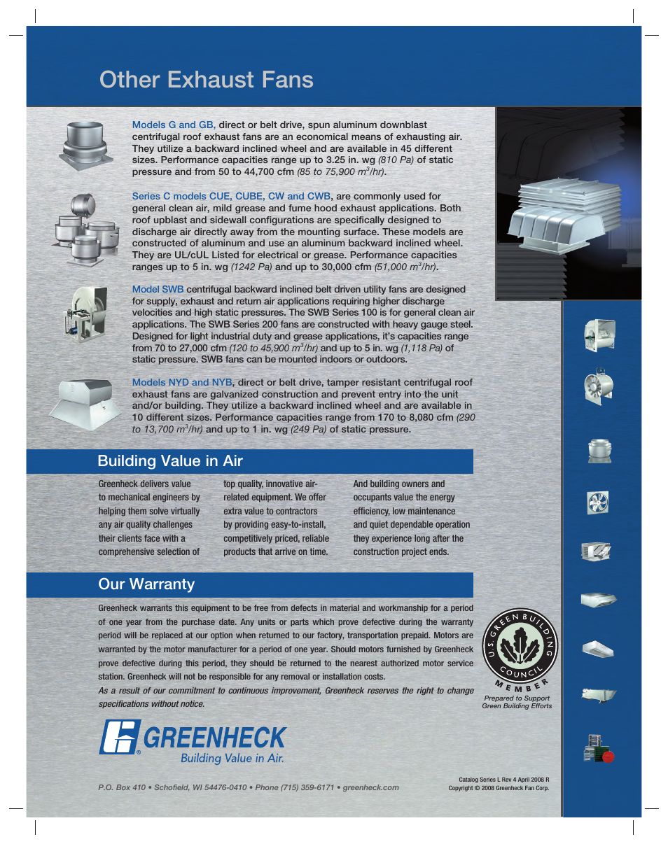 Other exhaust fans, Building value in air our warranty | Greenheck Fan Series L User Manual | Page 24 / 24