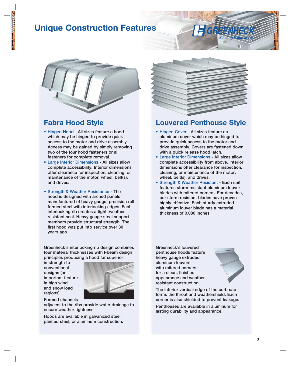Unique construction features, Louvered penthouse style, Fabra hood style | Greenheck Fan Series L User Manual | Page 3 / 24