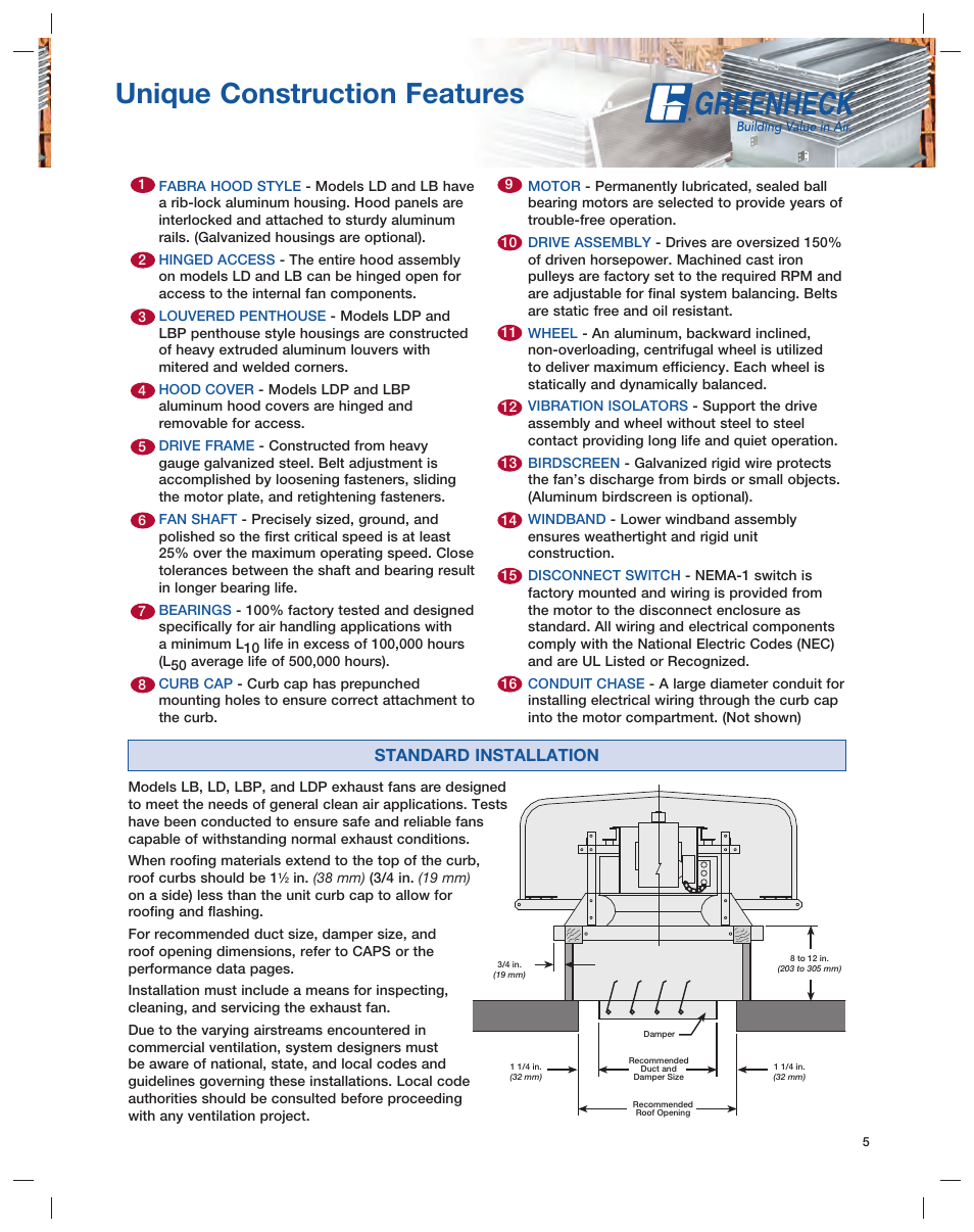 Unique construction features, Standard installation | Greenheck Fan Series L User Manual | Page 5 / 24