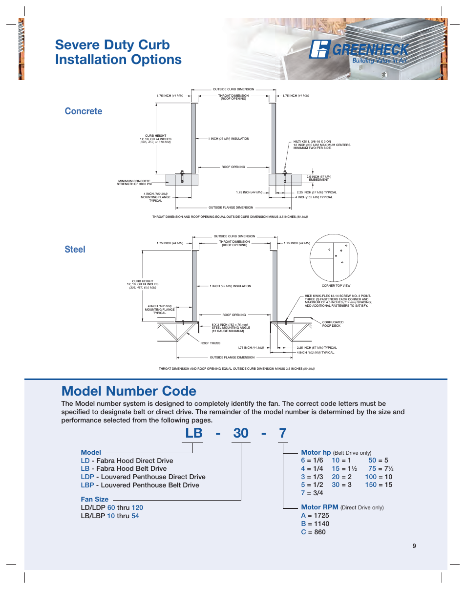 Model number code, Lb - 30 - 7, Severe duty curb installation options | Concrete steel | Greenheck Fan Series L User Manual | Page 9 / 24