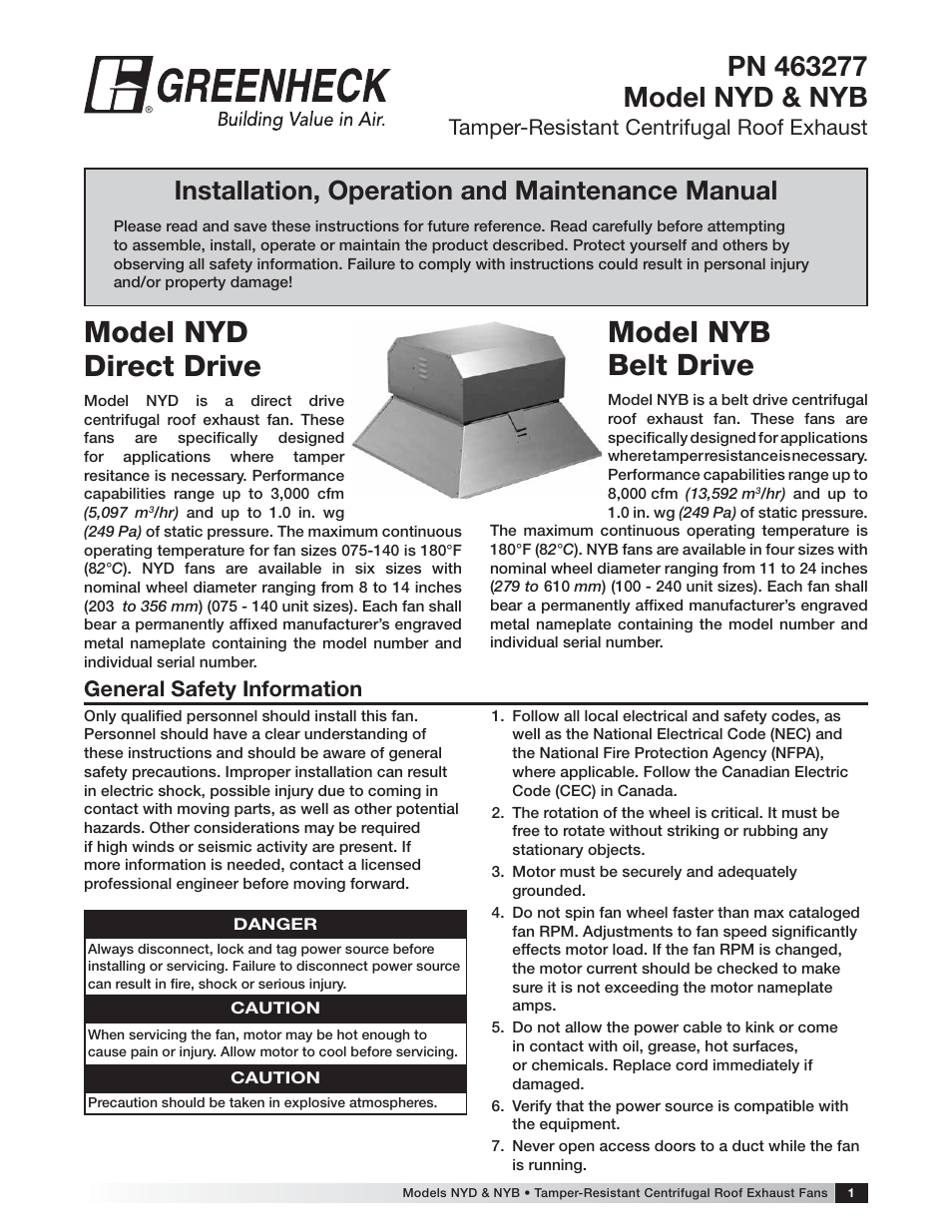 Greenheck Fan Greenheck Tamper-resistant Centrifugal Roof Exhaust NYD User Manual | 8 pages