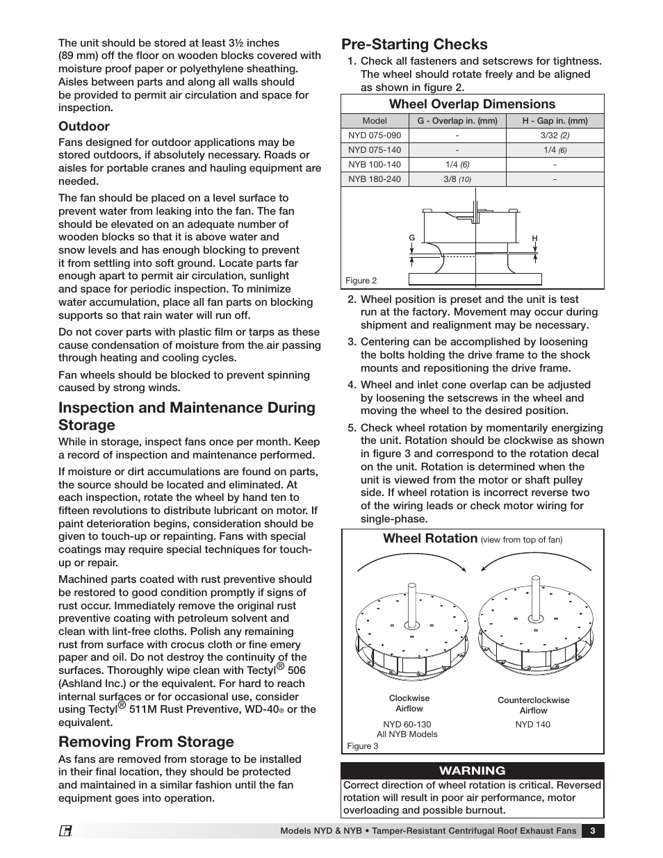 Inspection and maintenance during storage, Removing from storage, Pre-starting checks | Outdoor, Wheel overlap dimensions, Wheel rotation | Greenheck Fan Greenheck Tamper-resistant Centrifugal Roof Exhaust NYD User Manual | Page 3 / 8