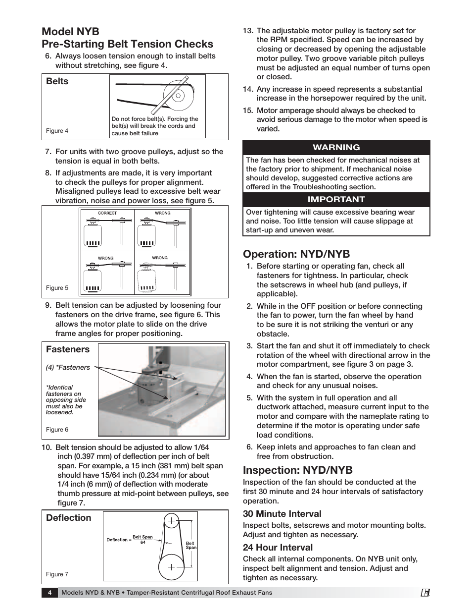 Model nyb pre-starting belt tension checks, Operation: nyd/nyb, Inspection: nyd/nyb | Greenheck Fan Greenheck Tamper-resistant Centrifugal Roof Exhaust NYD User Manual | Page 4 / 8