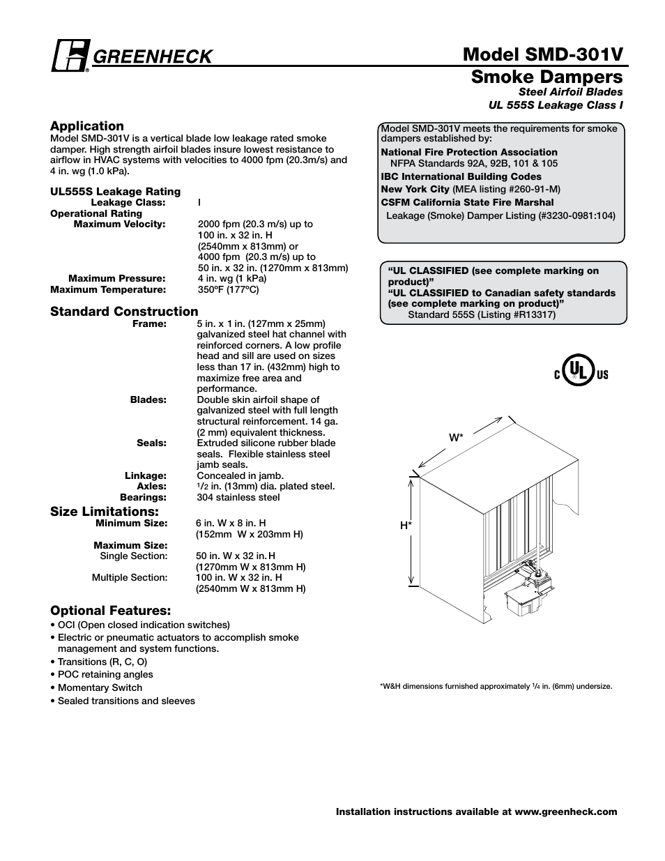 Greenheck Fan Smoke Dampers SMD-301V User Manual | 6 pages