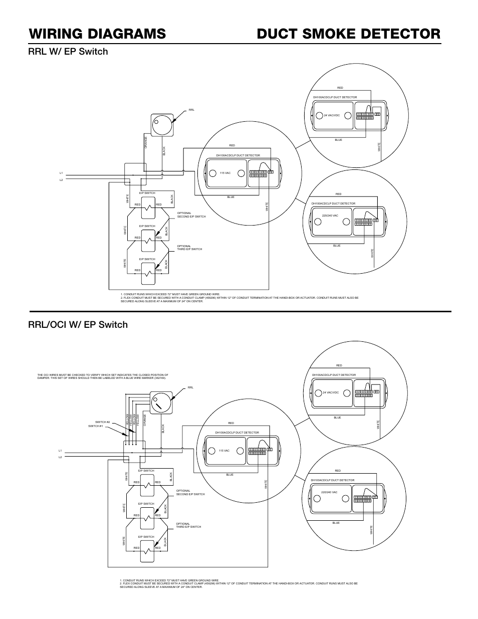 Duct smoke detector wiring diagrams, Rrl/oci w/ ep switch, Rrl w/ ep switch | Greenheck Fan DH100ACDCLP User Manual | Page 7 / 8