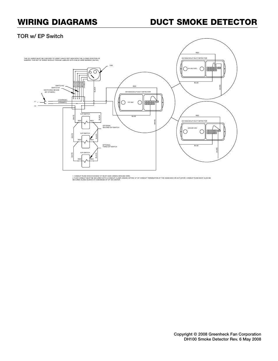 Duct smoke detector wiring diagrams, Tor w/ ep switch | Greenheck Fan DH100ACDCLP User Manual | Page 8 / 8