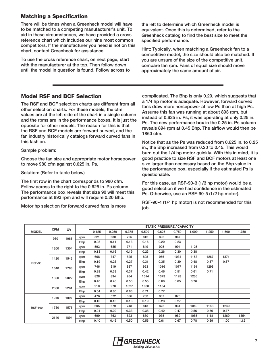 Model rsf and bcf selection, Matching a specification | Greenheck Fan Greenheck 240XP-CUb User Manual | Page 7 / 24
