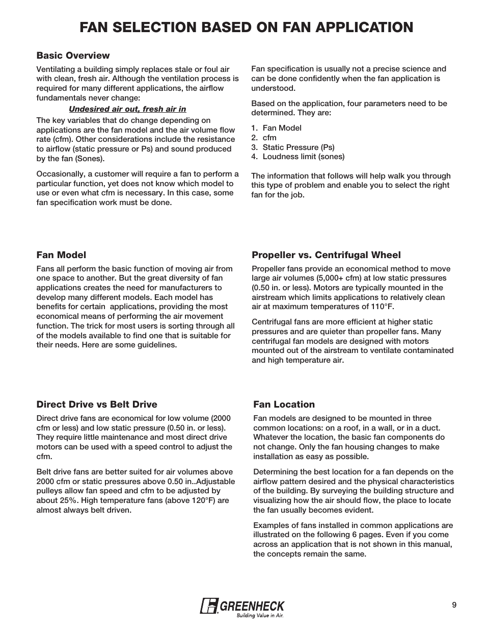 Fan selection based on fan application | Greenheck Fan Greenheck 240XP-CUb User Manual | Page 9 / 24