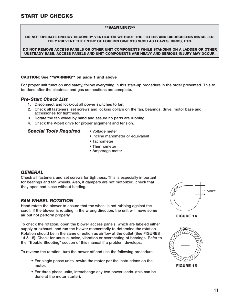 Start up checks | Greenheck Fan Energy Recovery Unit With Heating ERH-55 User Manual | Page 11 / 20
