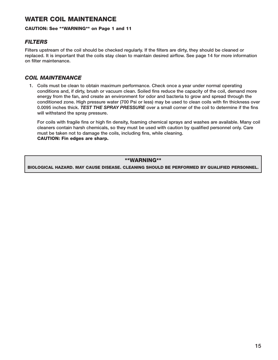 Water coil maintenance | Greenheck Fan Energy Recovery Unit With Heating ERH-55 User Manual | Page 15 / 20