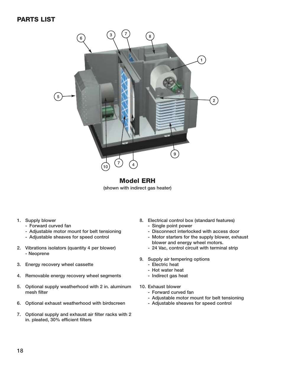 Parts list, Model erh | Greenheck Fan Energy Recovery Unit With Heating ERH-55 User Manual | Page 18 / 20