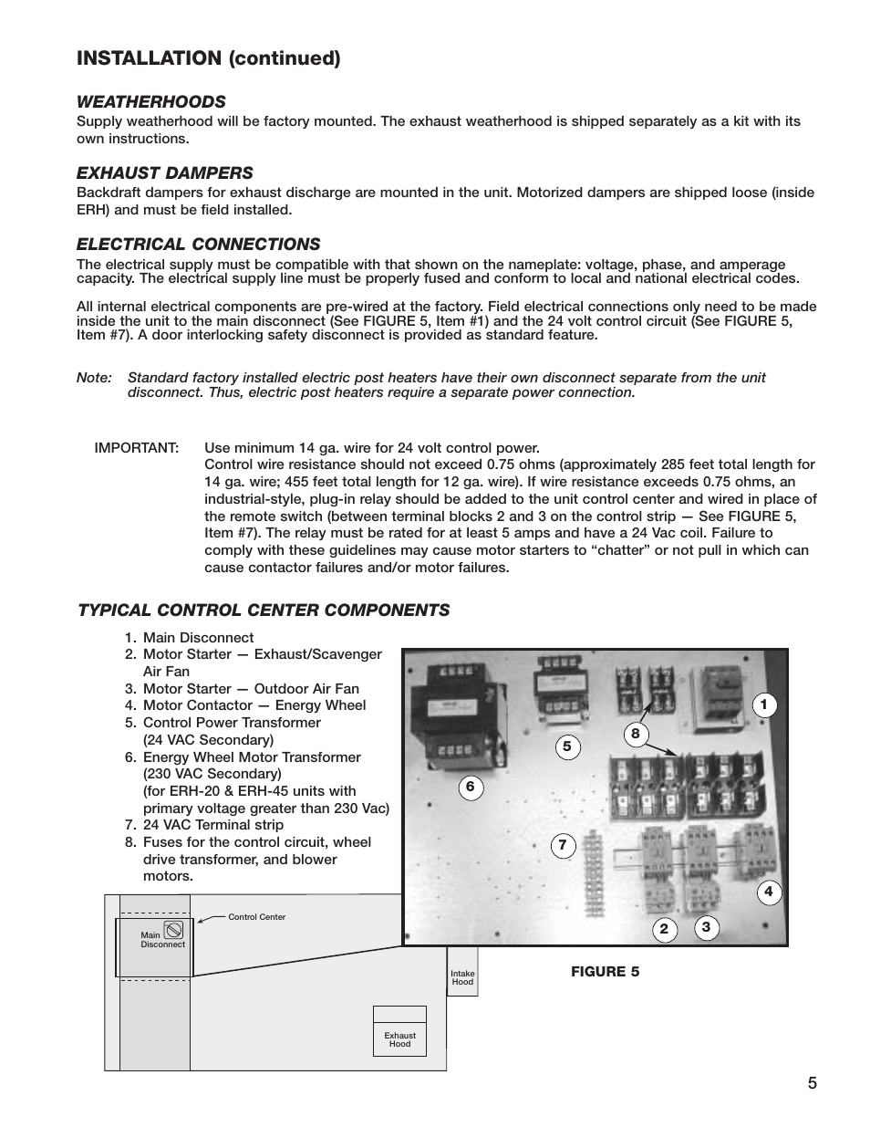 Installation (continued), Weatherhoods, Exhaust dampers | Electrical connections, Typical control center components | Greenheck Fan Energy Recovery Unit With Heating ERH-55 User Manual | Page 5 / 20