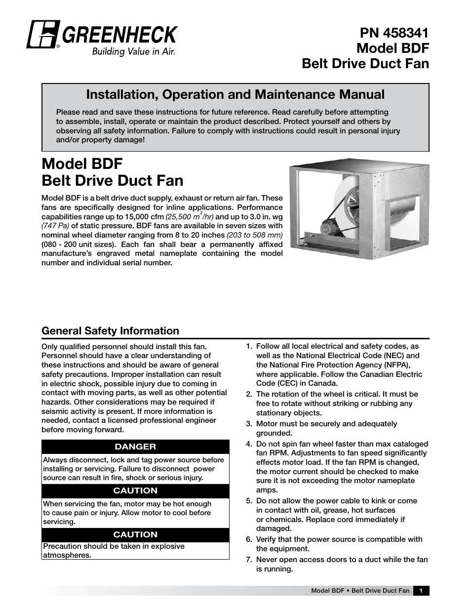 Greenheck Fan Belt Drive Duct Fan BDF User Manual | 8 pages