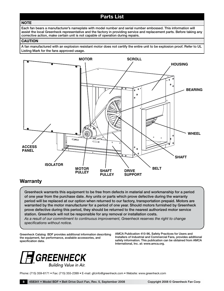 Warranty, Parts list | Greenheck Fan Belt Drive Duct Fan BDF User Manual | Page 8 / 8