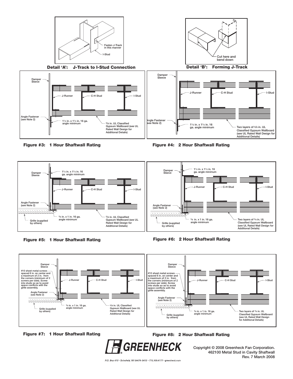 Figure #3: 1 hour shaftwall rating, Figure #4: 2 hour shaftwall rating, Figure #5: 1 hour shaftwall rating | Figure #6: 2 hour shaftwall rating, Figure #7: 1 hour shaftwall rating, Figure #8: 2 hour shaftwall rating | Greenheck Fan Firestop Material DFD Series User Manual | Page 2 / 2