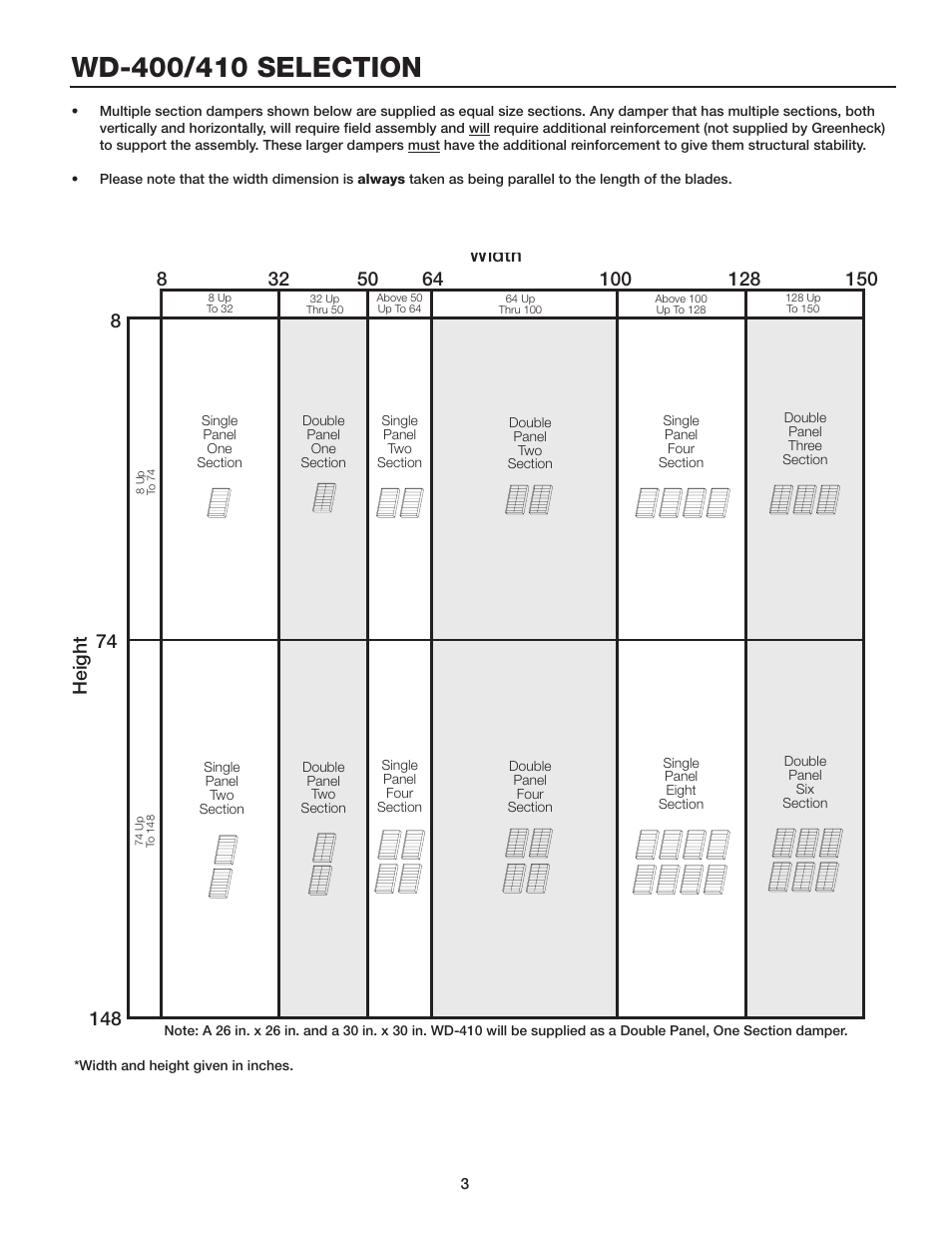 Width height | Greenheck Fan WD-400 Series User Manual | Page 3 / 4