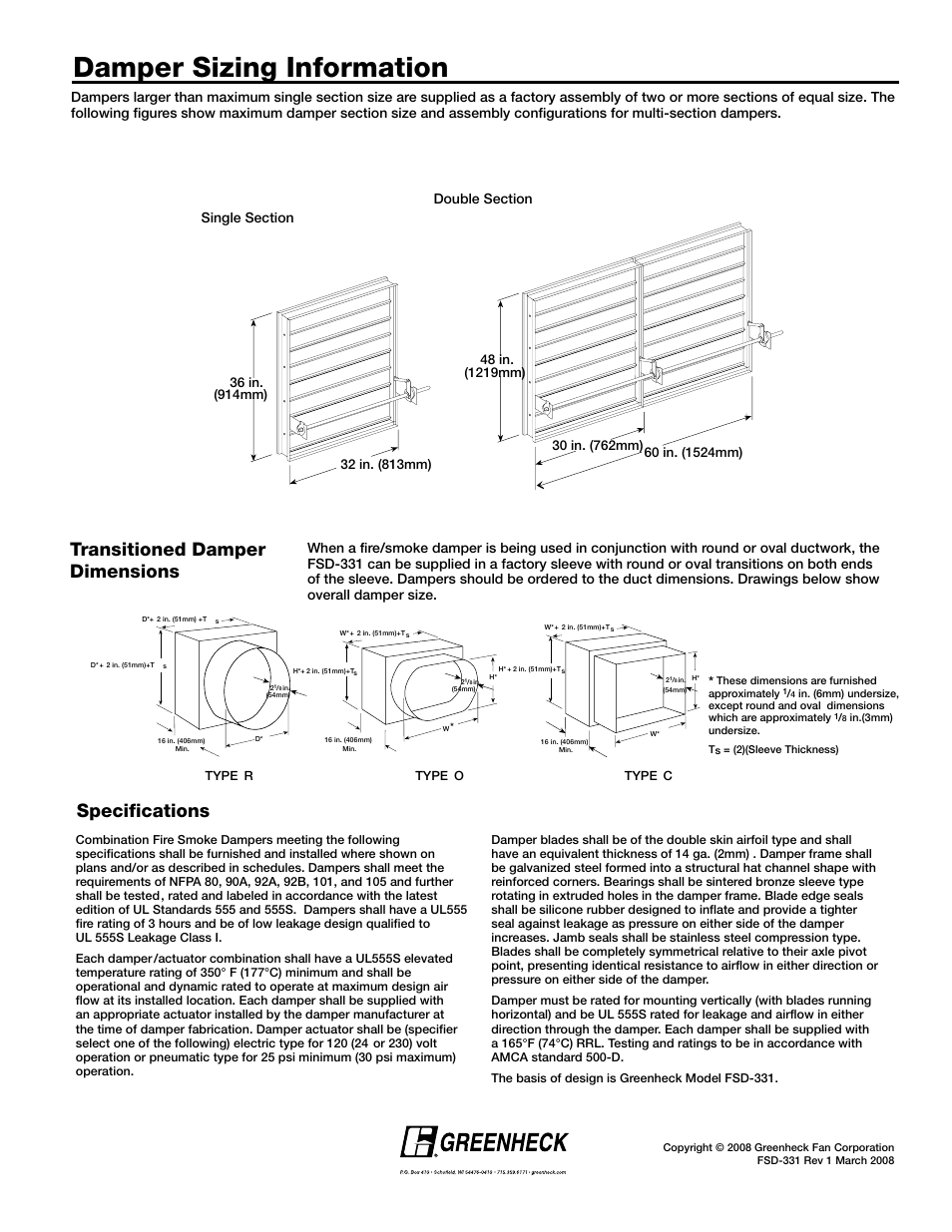 Damper sizing information, Specifications transitioned damper dimensions | Greenheck Fan Steel Airfoil Blades FSD-331 User Manual | Page 7 / 7