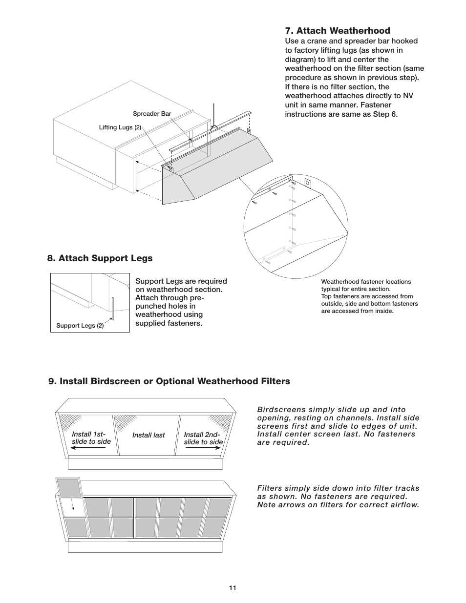 Attach weatherhood, Attach support legs, Install birdscreen or optional weatherhood filters | Greenheck Fan Outdoor Air Ventilator User Manual | Page 11 / 20