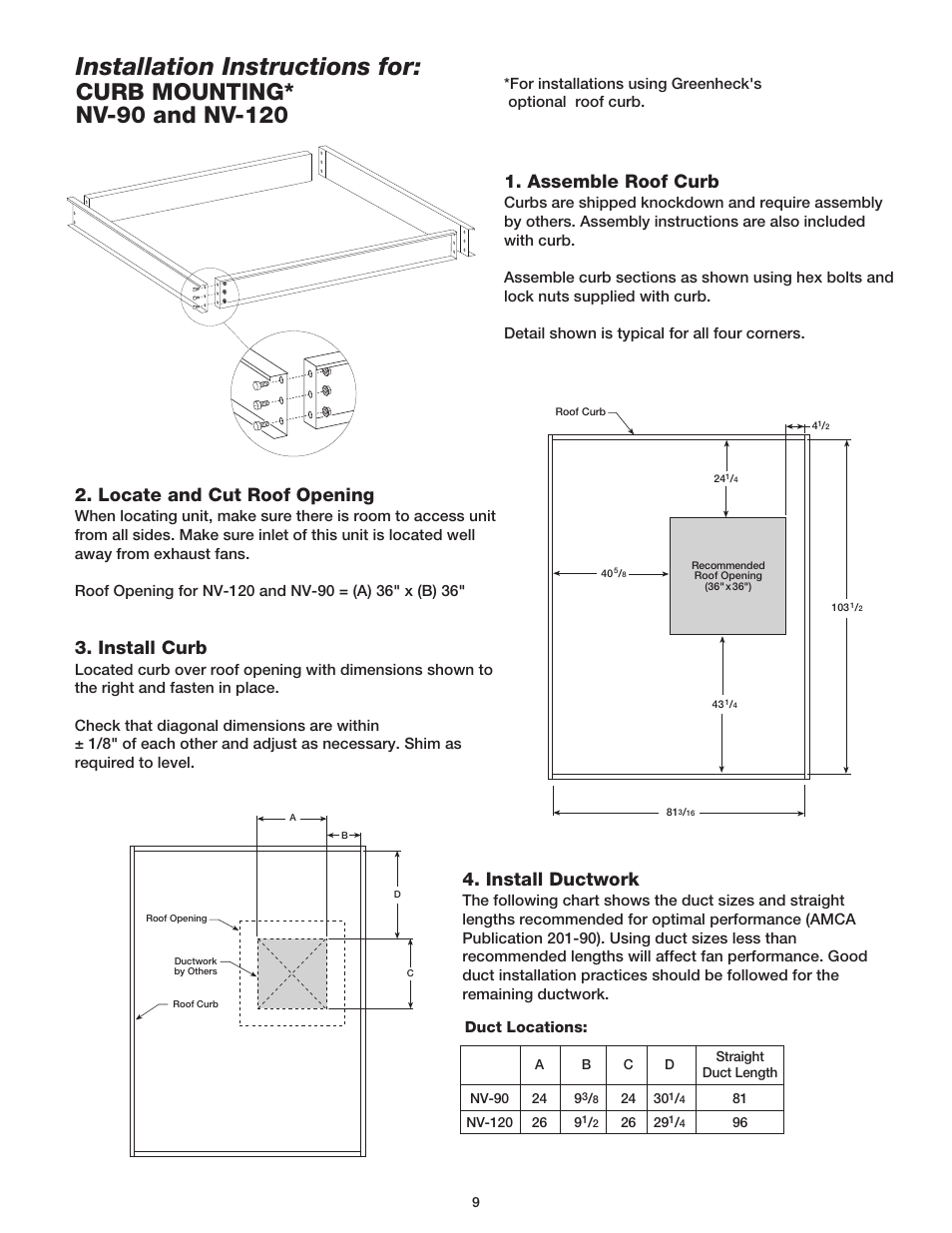 Pg. 9-11, Installation instructions for, Assemble roof curb | Install ductwork, Locate and cut roof opening, Install curb | Greenheck Fan Outdoor Air Ventilator User Manual | Page 9 / 20